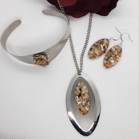 Princess Multi Stone & Abalone Shell Chip Necklace Cuff Bracelet & Earring Set - Picture 14 of 16